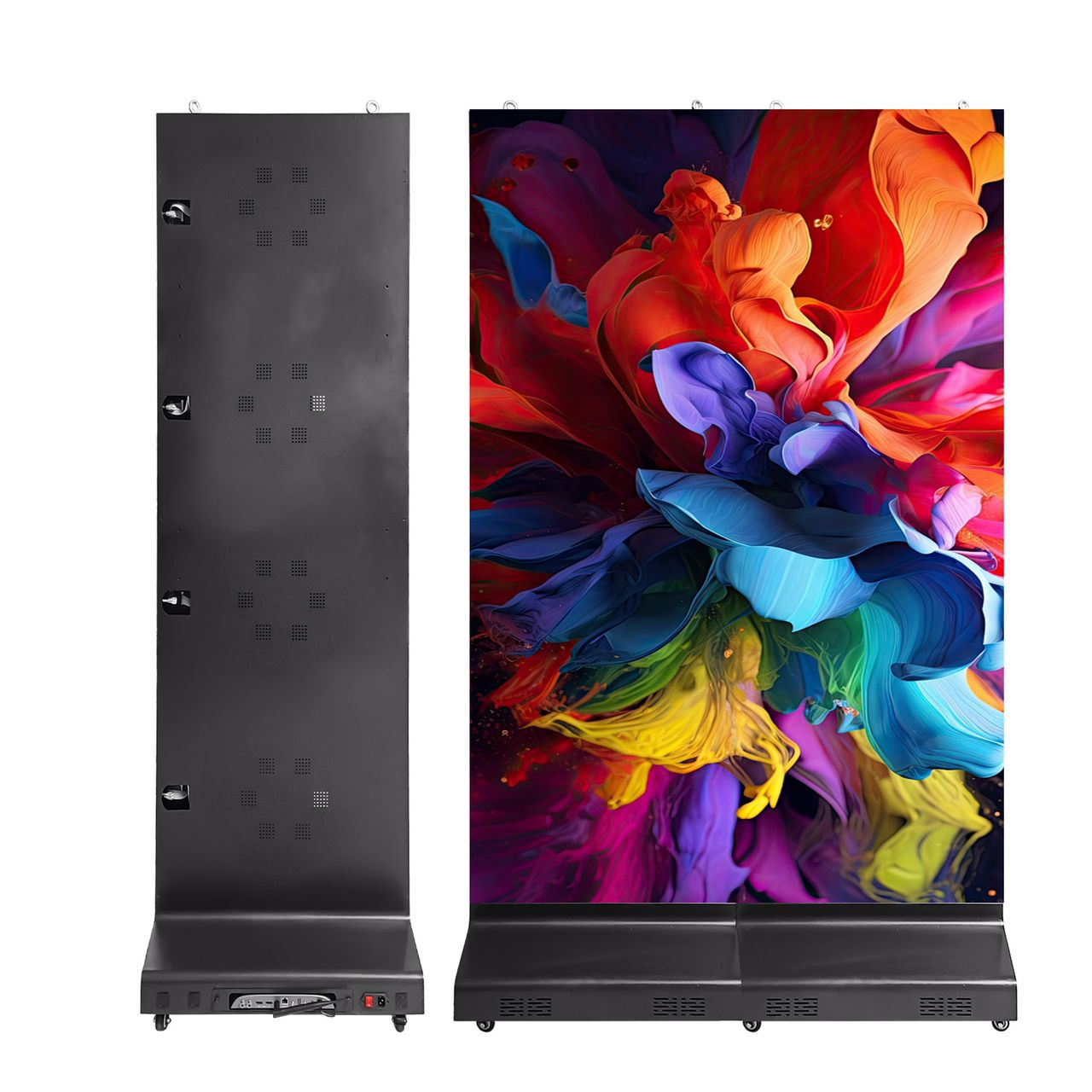 Front and rear view of paired LED poster screens